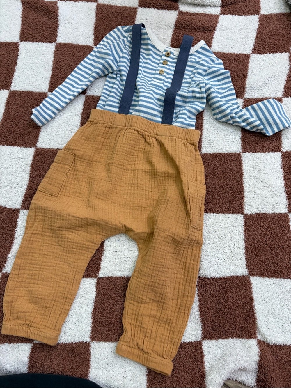 cloud island Mustard Brown Gauze Overalls with Navy Suspenders